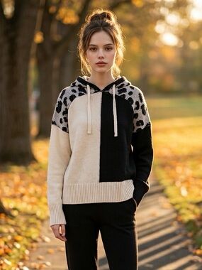 Elan Sweater Women's XL Colorblock Animal Print Hoodie Super Soft Cozy Pullover